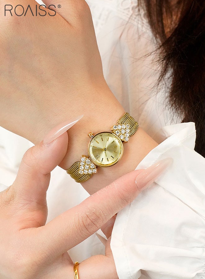 roaiss Luxury Vintage Bracelet Watch for Women, Analog Display Round Gold Dial with Rhinestone Decoration, Fashion Luxury Waterproof Woven Mesh Strap Wristwatch, as Gift for Ladies - Image 3