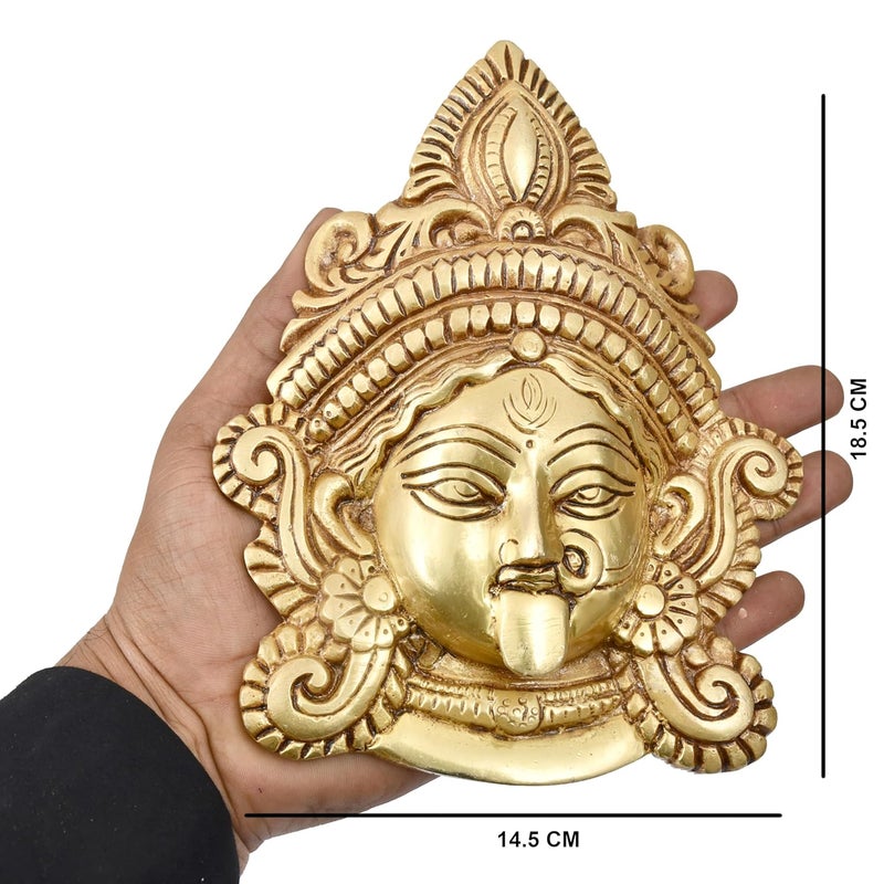 AARGKRAFT Brass Wall Hanging Kali Maa Face Statue Handcrafted Indian Religious Mahakali Sculpture Kaliface Decorative Puja Figurine Idol for Home Shop Office Gifting Purpose Golden - Image 3