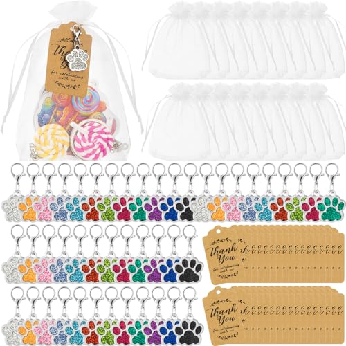 Ecation 148 Pcs Dog Paw Party Favors Set Include Dog Keychain Organza Bags Thank You Kraft Tags Activity Decorations for Puppy Birthday Party Decorations Reward SuppliesMulticolor - Image 1