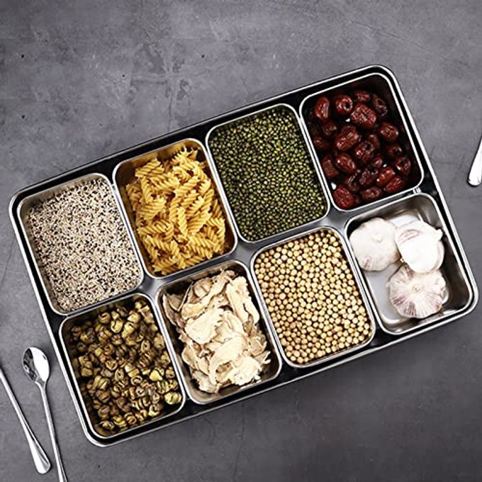 KIMISS Box Seasoning Organizer Box 8 Grids Stainless Steel Jars Container Set Rack with Lids And Spoons for Salt Snacks Flour Dry Goods Fruits