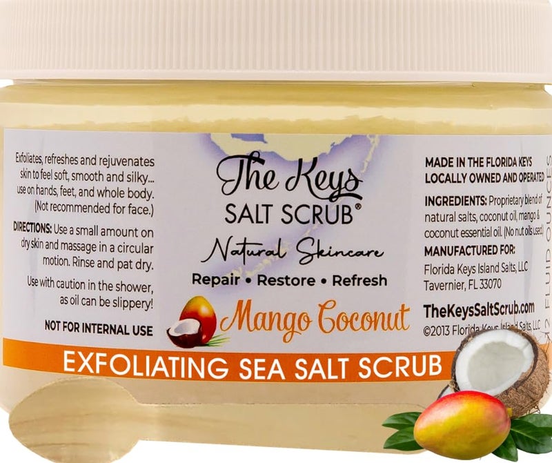 the keys salt scrub The Keys  Mango Coconut Sea Salt Scrub  Natural Exfoliating Body Scrub with Wooden Spoon Organic Moisturizing Exfoliator for Face Hand Foot Bath ManicurePedicure  Bikini Area 12 oz