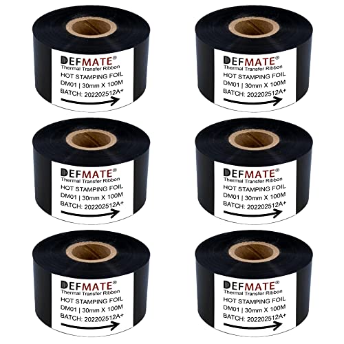 DEFMATE 6 Rolls 30mm x 100m Black Hot Stamping Foil Thermal Transfer Ribbon Resin for Coder Printer Machine, Black Color Ribbon for Coding Machine - Image 1