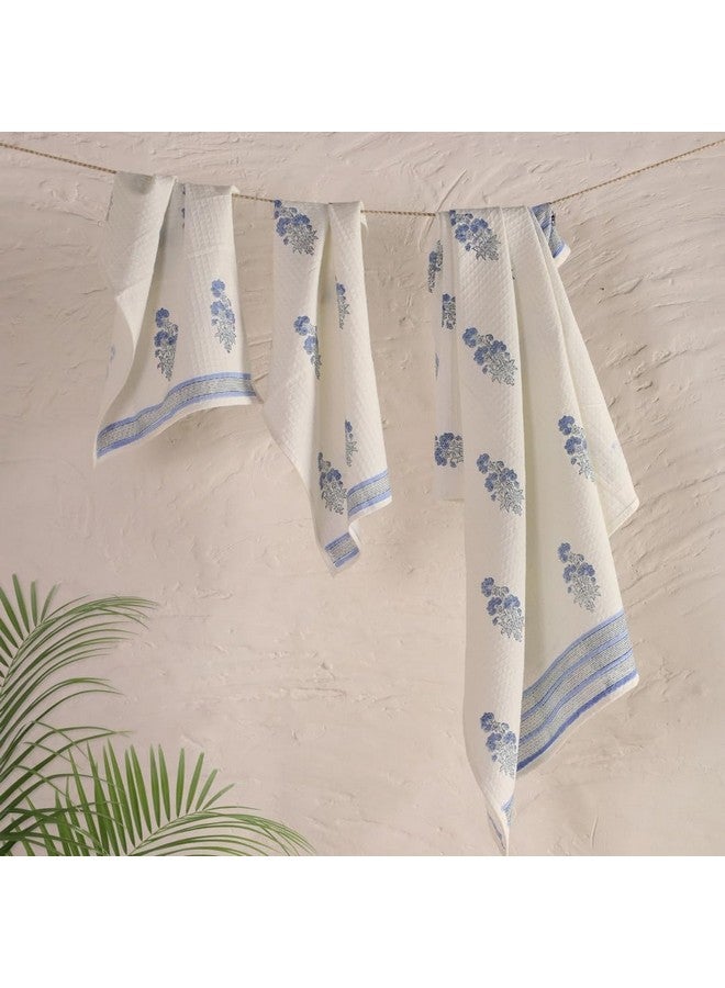Peepul Tree Block Printed Hand and Bath Towels, Super Absorbent, Soft & Faster Drying, Floral Printed 100% Pure Cotton, 240 GSM (2 Hand 2 Bath Towel Set, Off-White & Blue Floral) - Image 5