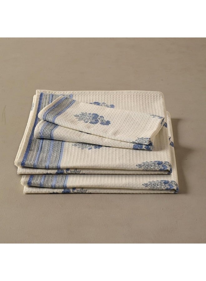 Peepul Tree Block Printed Hand and Bath Towels, Super Absorbent, Soft & Faster Drying, Floral Printed 100% Pure Cotton, 240 GSM (2 Hand 2 Bath Towel Set, Off-White & Blue Floral) - Image 2