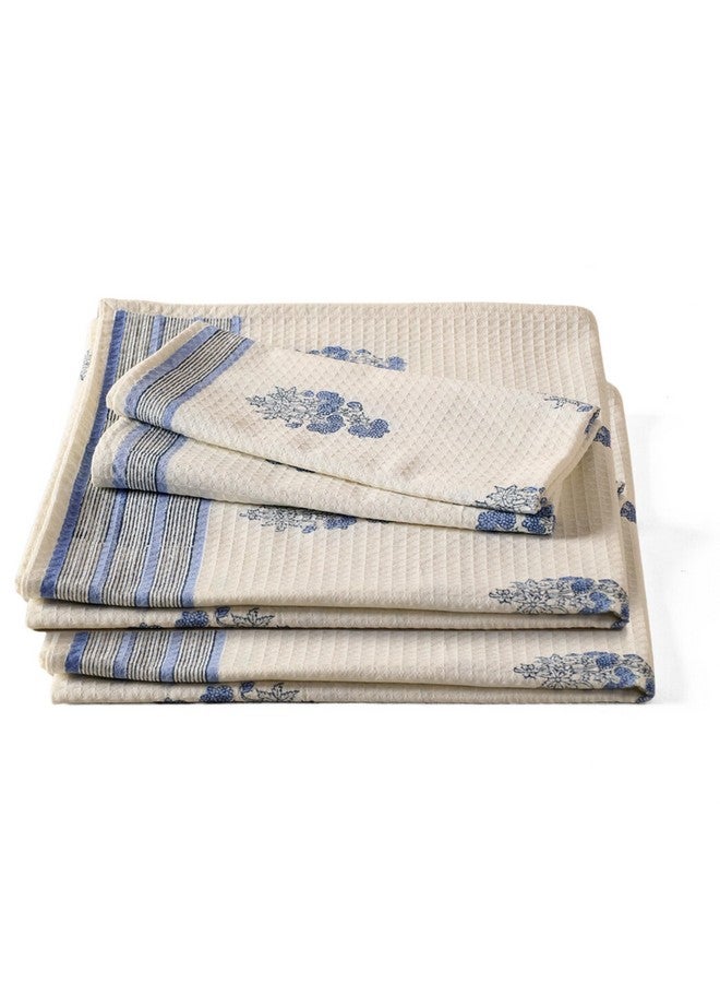 Peepul Tree Block Printed Hand and Bath Towels, Super Absorbent, Soft & Faster Drying, Floral Printed 100% Pure Cotton, 240 GSM (2 Hand 2 Bath Towel Set, Off-White & Blue Floral) - Image 1