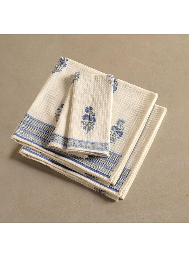 Peepul Tree Block Printed Hand and Bath Towels, Super Absorbent, Soft & Faster Drying, Floral Printed 100% Pure Cotton, 240 GSM (2 Hand 2 Bath Towel Set, Off-White & Blue Floral) - Image 3