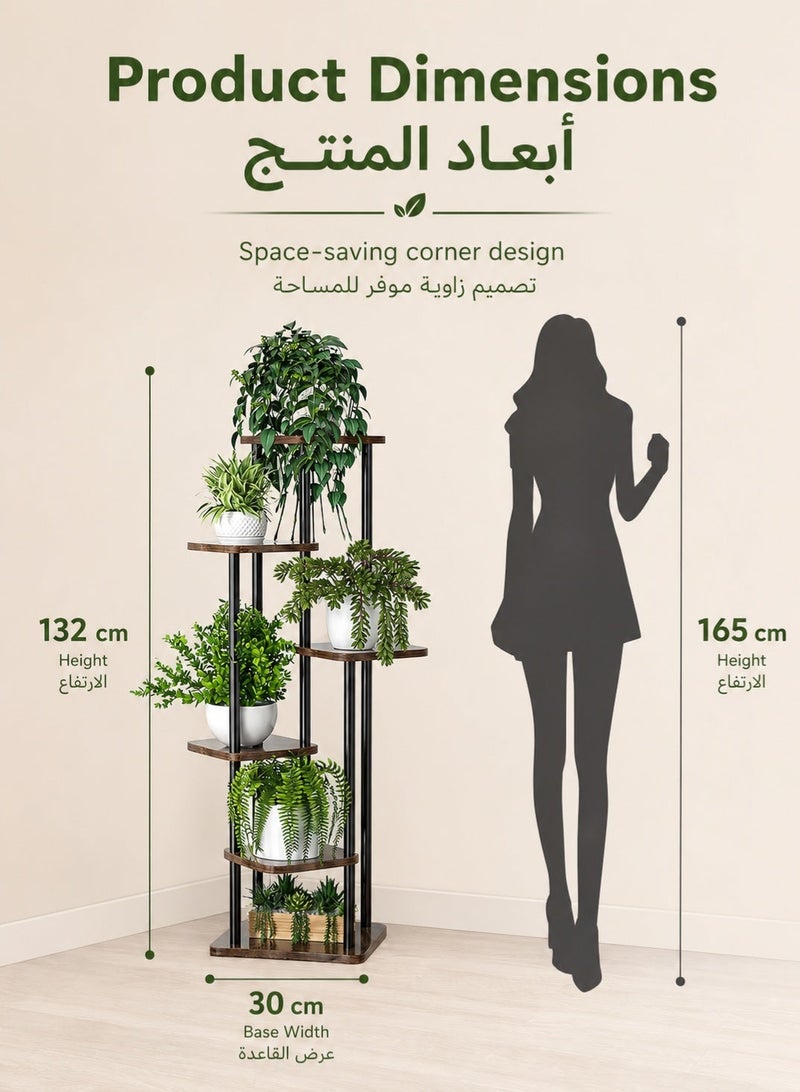 موندا حامل نباتات، رف زاوية معدني داخلي طويل بستة أرفف لعرض العديد من النباتات والزهور، حامل خشبي للزهور مناسب للفناء والحديقة وغرفة المعيشة والشرفة وغرفة النوم - Image 3