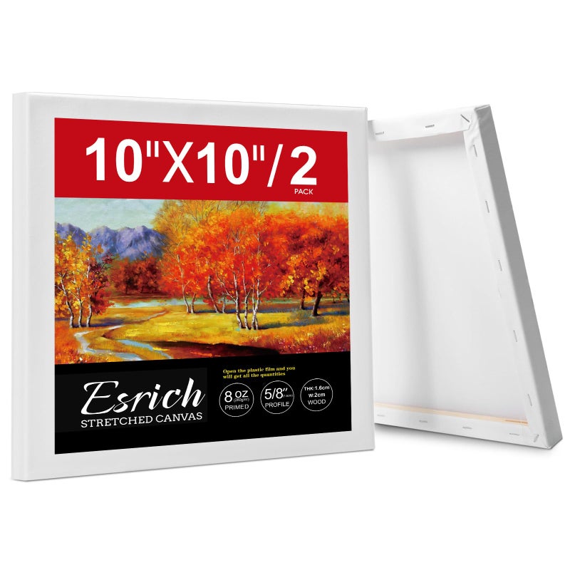 ESRICH 10x10 Stretched Canvas for Painting, 2 Pack Square Canvas for Painting Primed Acid-Free Framed Blank Canvas, Art Canvases for Beginners & Artists to Paint Oil, Acrylic, Pouring Painting. - Image 1