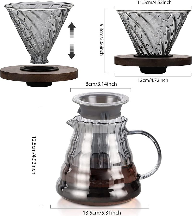 Moonmen V60 Pour Over Coffee Maker Dripper Set, 600ml Glass Coffee Server Pot Size 02, V60 Glass Coffee Dripper with Wood Stand Dripper for Home Office Carafe Gift-Grey (With Filter Paper) - Image 4
