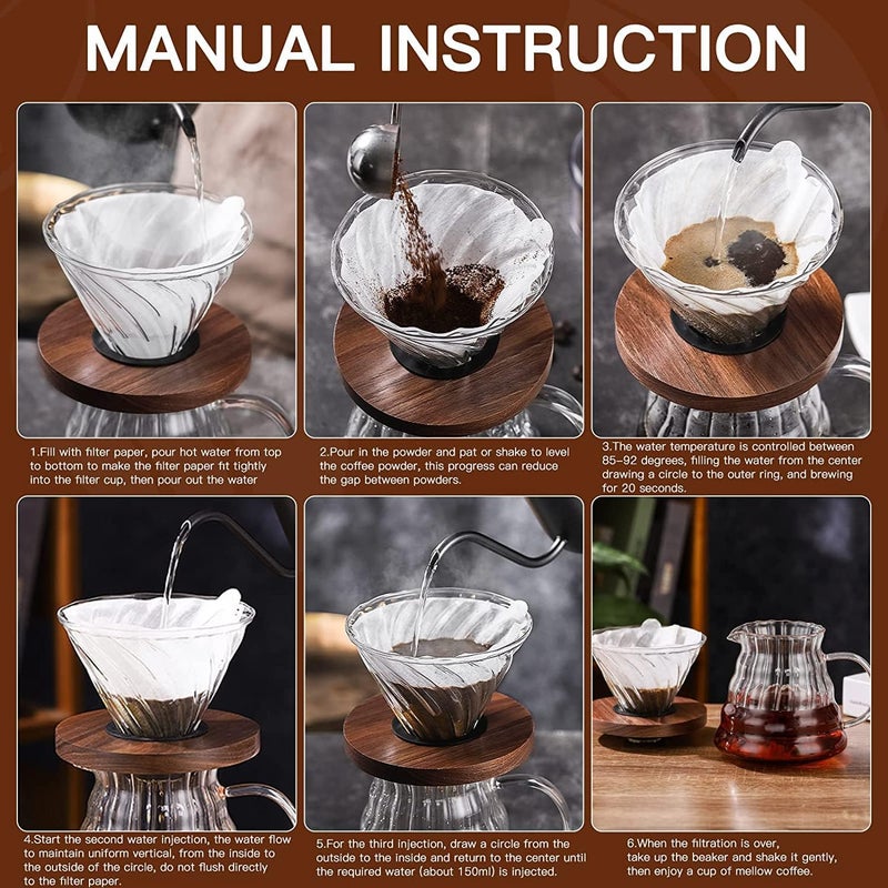 Moonmen V60 Pour Over Coffee Maker Dripper Set, 600ml Glass Coffee Server Pot Size 02, V60 Glass Coffee Dripper with Wood Stand Dripper for Home Office Carafe Gift-Grey (With Filter Paper) - Image 5