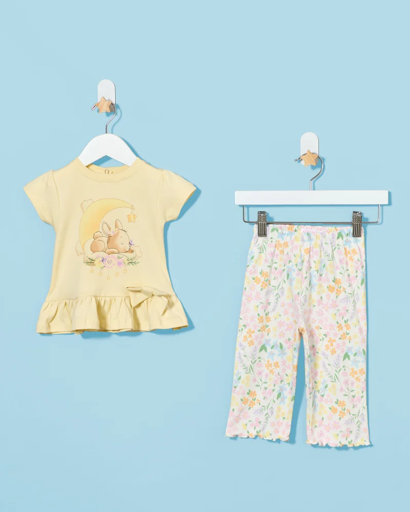 REDTAG Infant Girls Yellow Printed 2 Piece Pyjama Set