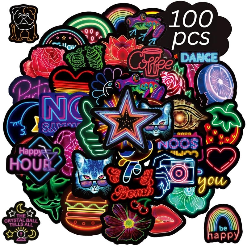 Adeela 100pcs Neon Dark Laptop Stickers for TabletPhone Cool Waterproof Assorted Pack Water Bottle Vinyl Decals for AdultsTeens