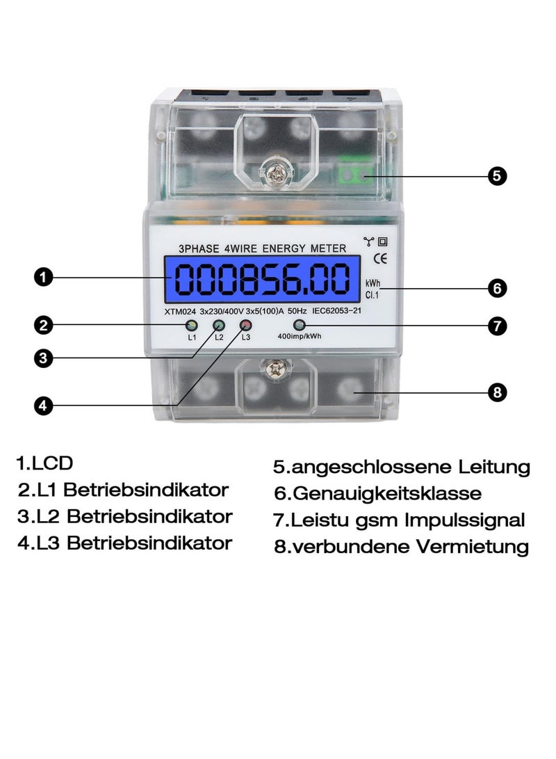 Digital 3 Phase Electricity Meter, Calibrated Three Wire Current Meter for 230/400V Power Systems, Top Hat Rail Mounted with LCD Display (5-100A) - Image 5
