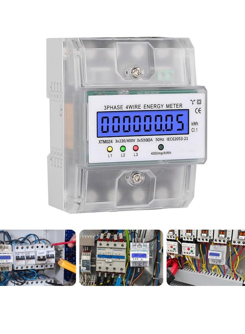 Digital 3 Phase Electricity Meter, Calibrated Three Wire Current Meter for 230/400V Power Systems, Top Hat Rail Mounted with LCD Display (5-100A) - Image 2