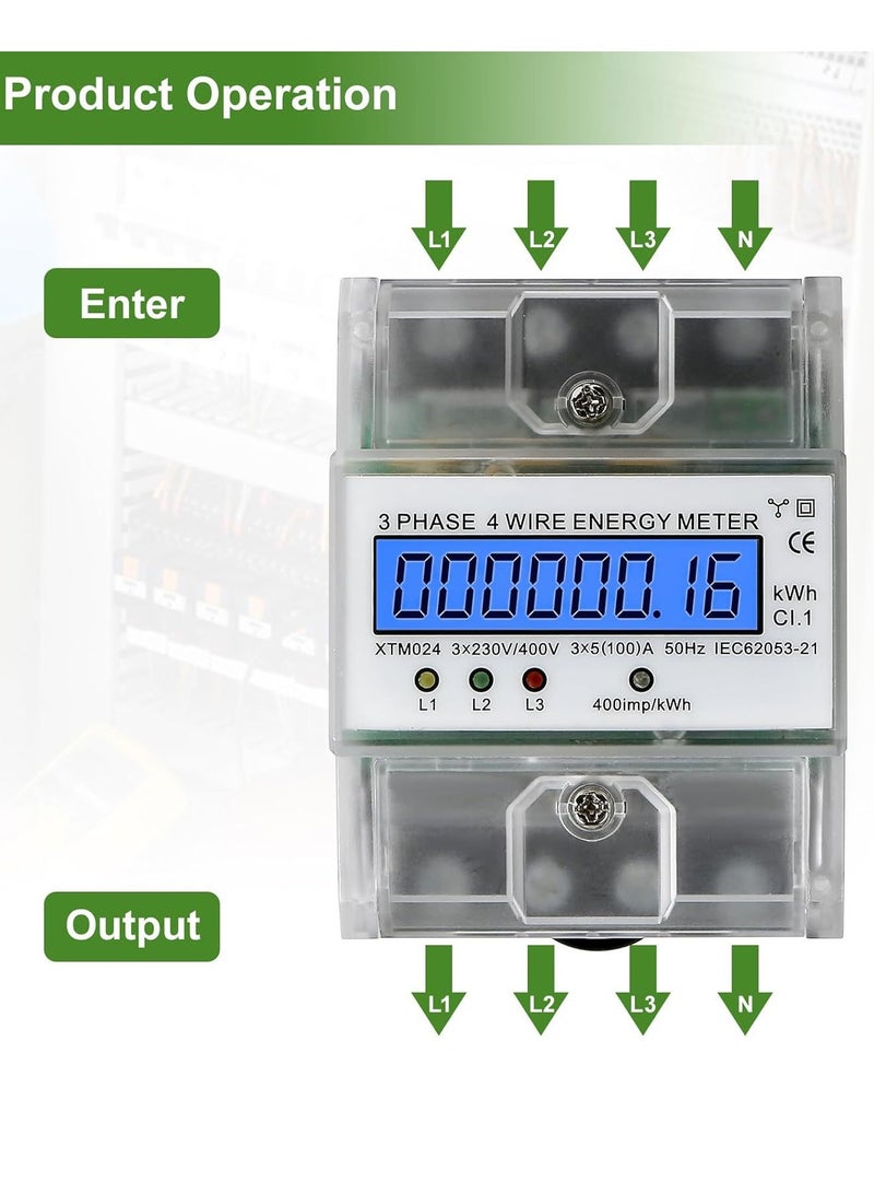 Digital 3 Phase Electricity Meter, Calibrated Three Wire Current Meter for 230/400V Power Systems, Top Hat Rail Mounted with LCD Display (5-100A) - Image 4