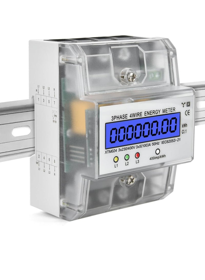 Digital 3 Phase Electricity Meter, Calibrated Three Wire Current Meter for 230/400V Power Systems, Top Hat Rail Mounted with LCD Display (5-100A) - Image 3
