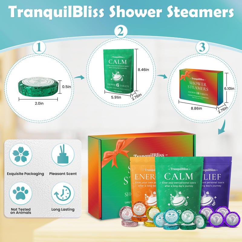 TranquilBliss 18 Pack Shower Steamers with 6 Smoothing Long-Lasting Scents, Shower Bath Bombs with Natural Fragrance, Self-Care and Relaxation Presents for Women and Men - Image 2