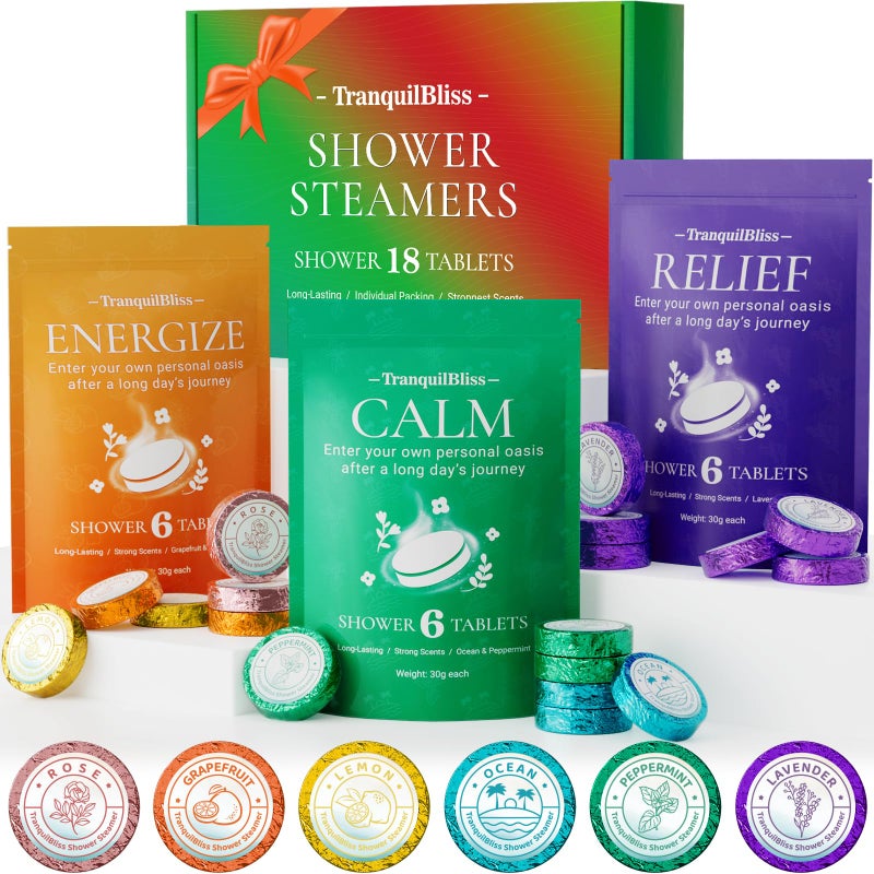 TranquilBliss 18 Pack Shower Steamers with 6 Smoothing Long-Lasting Scents, Shower Bath Bombs with Natural Fragrance, Self-Care and Relaxation Presents for Women and Men - Image 1