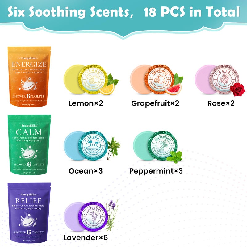 TranquilBliss 18 Pack Shower Steamers with 6 Smoothing Long-Lasting Scents, Shower Bath Bombs with Natural Fragrance, Self-Care and Relaxation Presents for Women and Men - Image 3