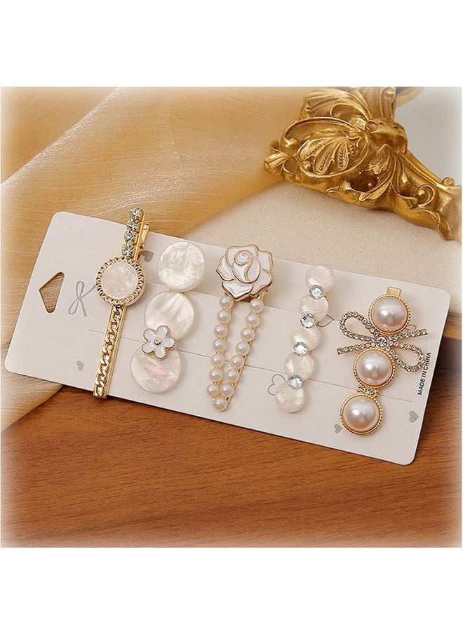 LNGLAT - Nglat 5 Pcs Hair Clip Set Pearl And Rhinestone Hairpins Metal Handmade Hair Barrettes Trendy Flower Headwear For Women Girls - Image 1