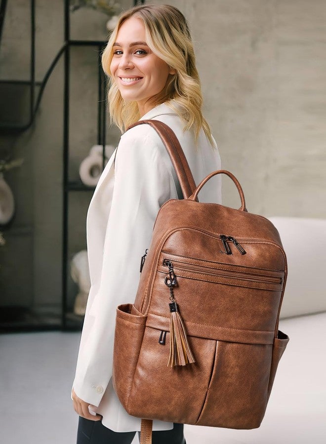 Mroede Leather Laptop Backpack for Women, 15.6" Causal Daypack Backpacks Purse Computer Backpack with Laptop Compartment for Travel Work College Business, Brown - Image 2