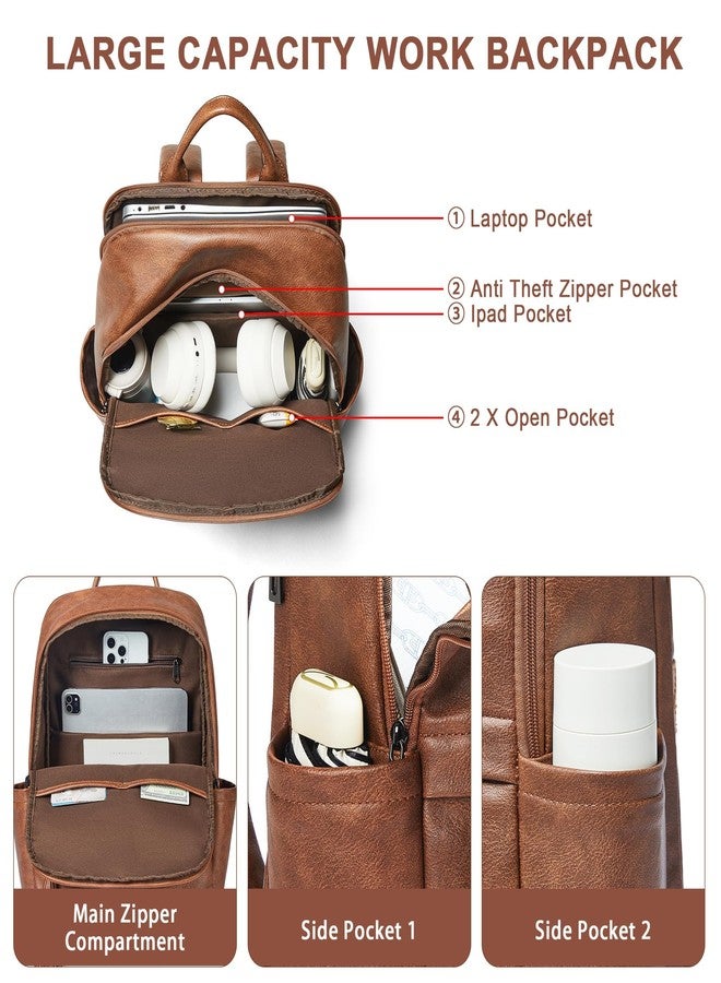 Mroede Leather Laptop Backpack for Women, 15.6" Causal Daypack Backpacks Purse Computer Backpack with Laptop Compartment for Travel Work College Business, Brown - Image 5