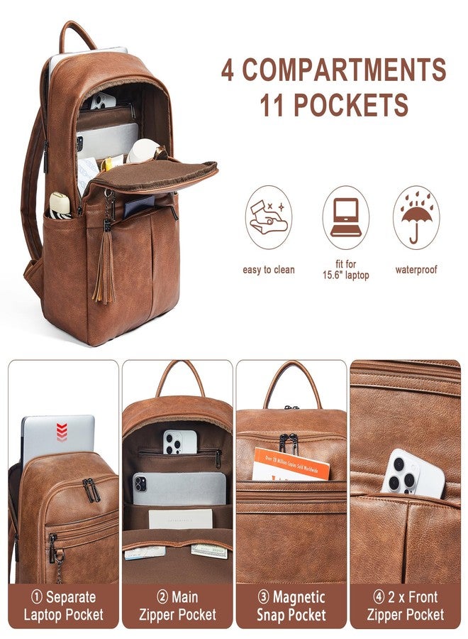 Mroede Leather Laptop Backpack for Women, 15.6" Causal Daypack Backpacks Purse Computer Backpack with Laptop Compartment for Travel Work College Business, Brown - Image 4
