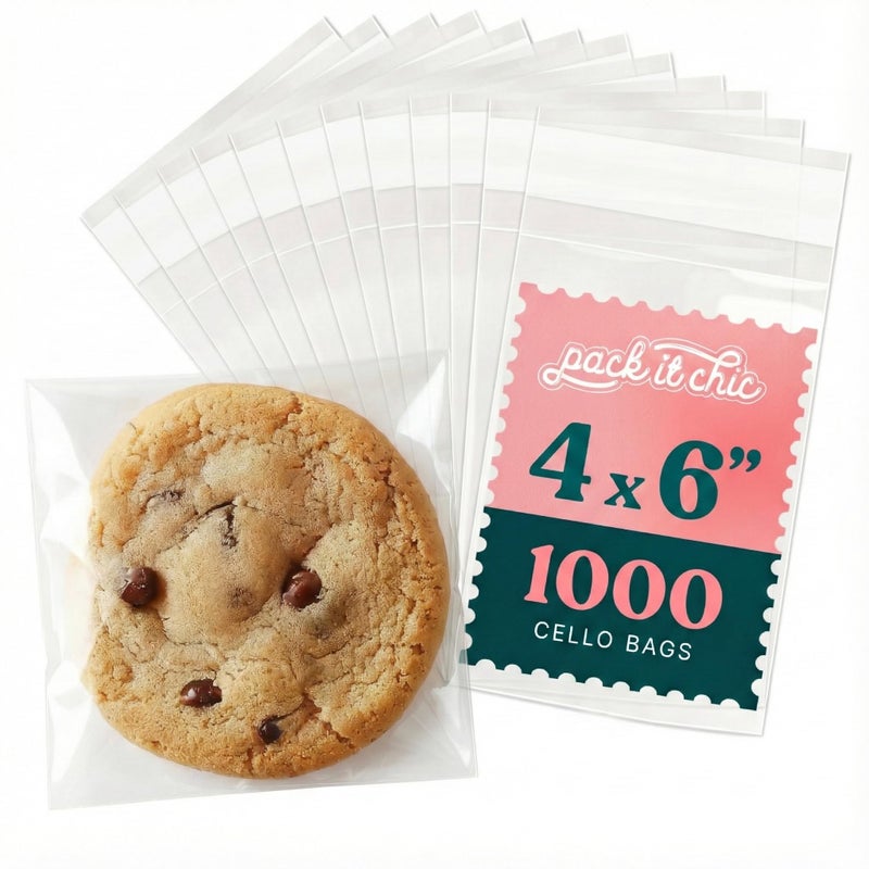 Pack It Chic - 4" X 6" Clear Self Sealing Cellophane Bags (1000 Pack) - Cookie Bags With Resealable Adhesive for Baked Goods Packaging, Candy, Pastries, Treats, Bakery, Party Favors