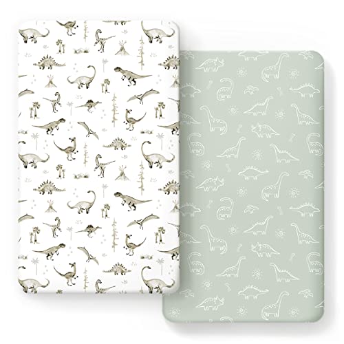 GRSSDER Stretch Ultra Soft Jersey Knit Fitted Crib Sheets Set 2 Pack，Fit All Standard Crib Mattress Pads Safe and Snug, Crib Fitted Sheet for Baby, Dinosaur - Image 1