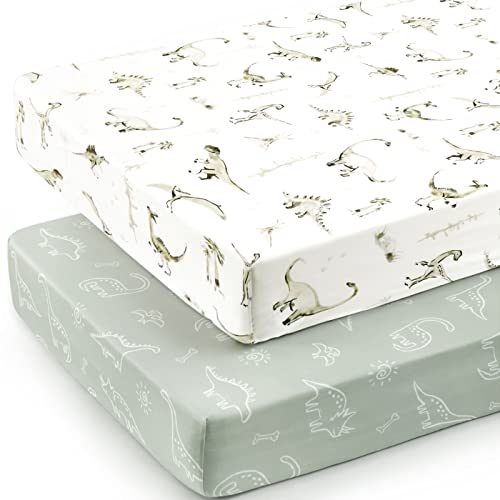 GRSSDER Stretch Ultra Soft Jersey Knit Fitted Crib Sheets Set 2 Pack，Fit All Standard Crib Mattress Pads Safe and Snug, Crib Fitted Sheet for Baby, Dinosaur - Image 2
