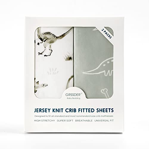 GRSSDER Stretch Ultra Soft Jersey Knit Fitted Crib Sheets Set 2 Pack，Fit All Standard Crib Mattress Pads Safe and Snug, Crib Fitted Sheet for Baby, Dinosaur - Image 4