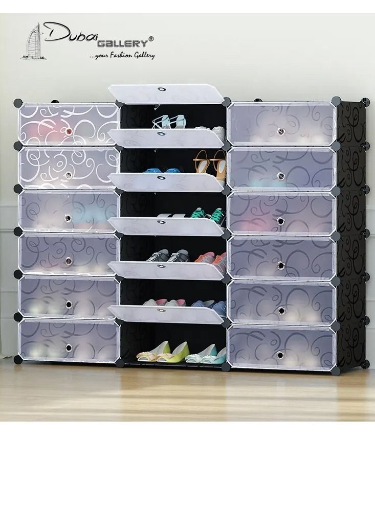 DubaiGallery 18-Cube DIY Shoe Rack, Storage Drawer Unit Multi Use Modular Organizer Plastic Cabinet with Doors, Black and White Curly Pattern - Image 1