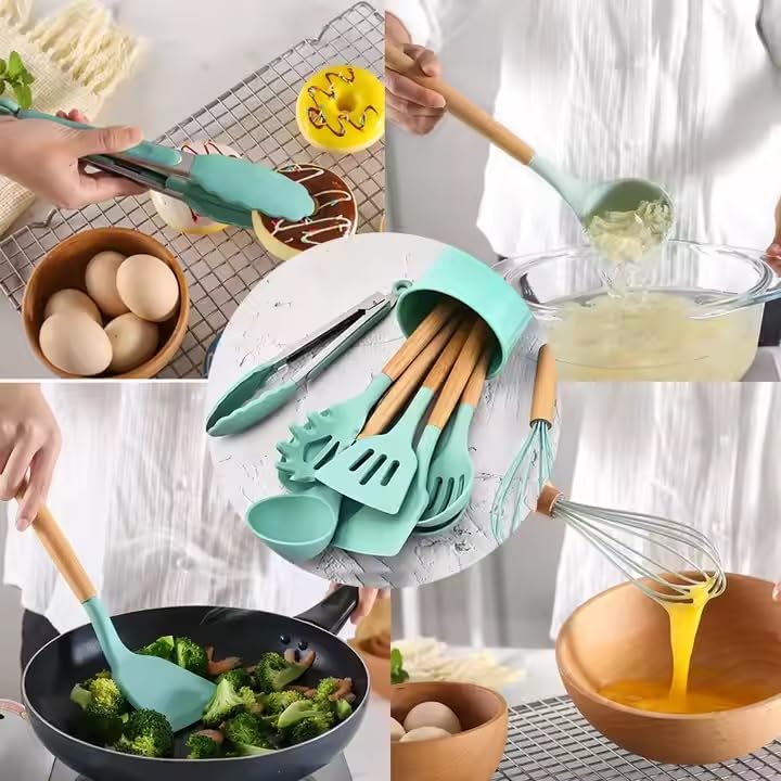 HaRvic 12pcs Silicone Cooking Utensils Set Silicone Kitchen Spatula for Cooking, Kitchen Utensil Spatula Set Wooden Handles and Holder BPA Free Gadgets for Non-Stick Cookware (Green) - Image 5