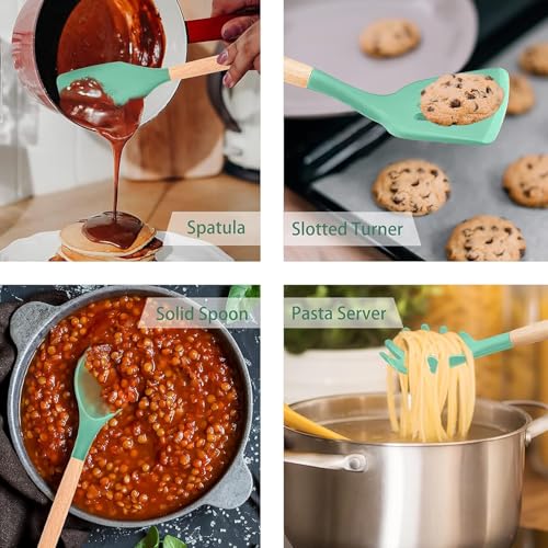 HaRvic 12pcs Silicone Cooking Utensils Set Silicone Kitchen Spatula for Cooking, Kitchen Utensil Spatula Set Wooden Handles and Holder BPA Free Gadgets for Non-Stick Cookware (Green) - Image 4