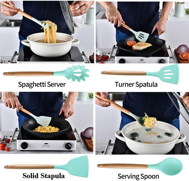 HaRvic 12pcs Silicone Cooking Utensils Set Silicone Kitchen Spatula for Cooking, Kitchen Utensil Spatula Set Wooden Handles and Holder BPA Free Gadgets for Non-Stick Cookware (Green) - Image 3