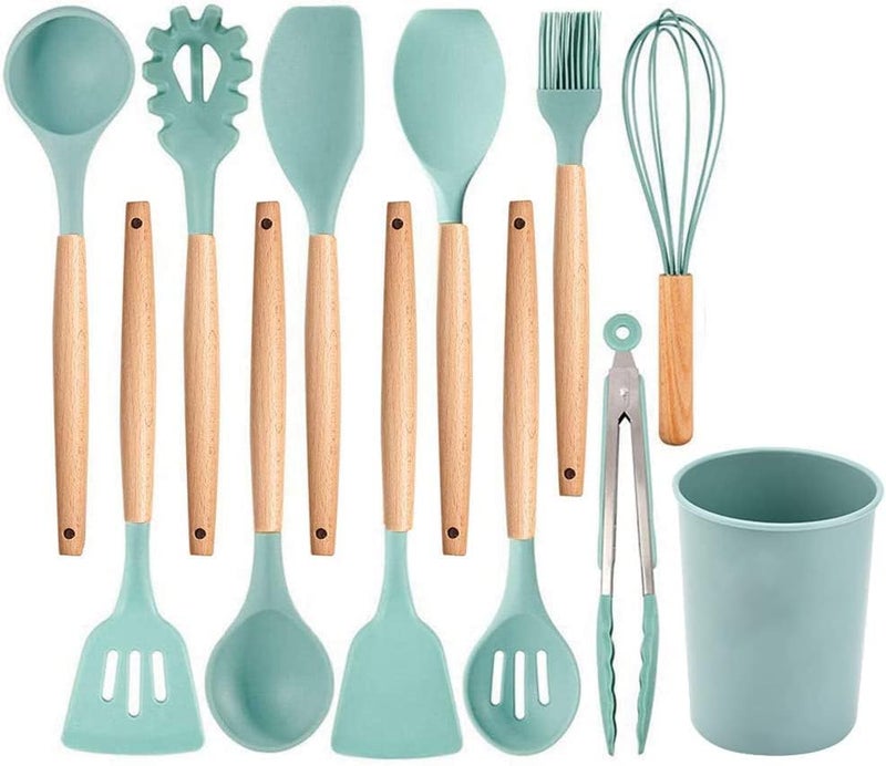 HaRvic 12pcs Silicone Cooking Utensils Set Silicone Kitchen Spatula for Cooking, Kitchen Utensil Spatula Set Wooden Handles and Holder BPA Free Gadgets for Non-Stick Cookware (Green) - Image 1