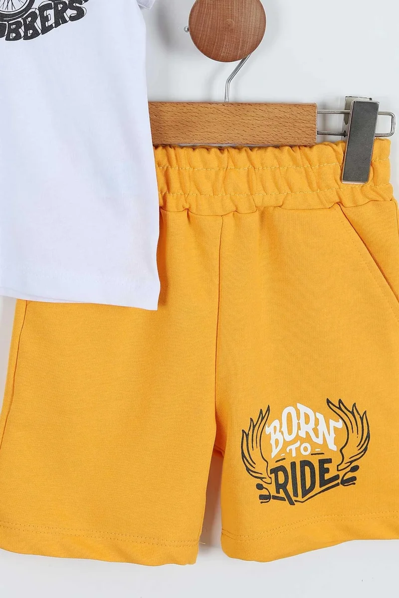 Tuo Bebe Boy Engine Printed Yellow Summer T-Shirt Shorts 2-Piece Set