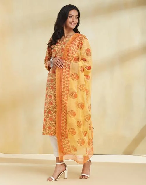 Fabindia Avni Yellow Cotton Printed Dupatta & Kurta Set