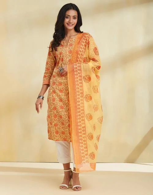 Fabindia Avni Yellow Cotton Printed Dupatta & Kurta Set