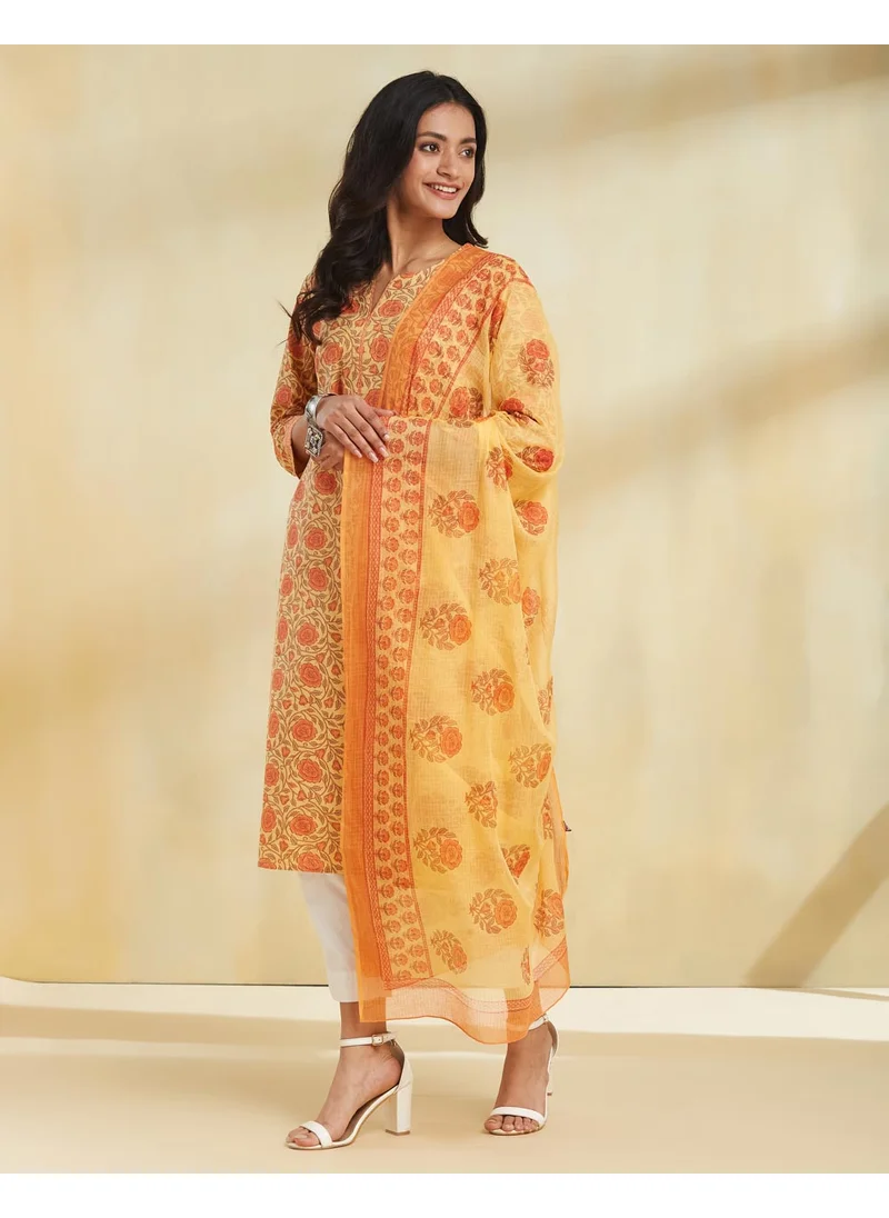 Fabindia Yellow Cotton Printed Dupatta & Kurta Set