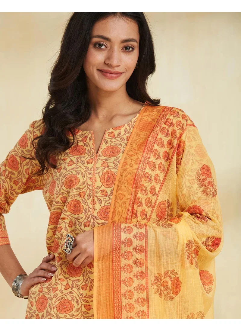Fabindia Yellow Cotton Printed Dupatta & Kurta Set