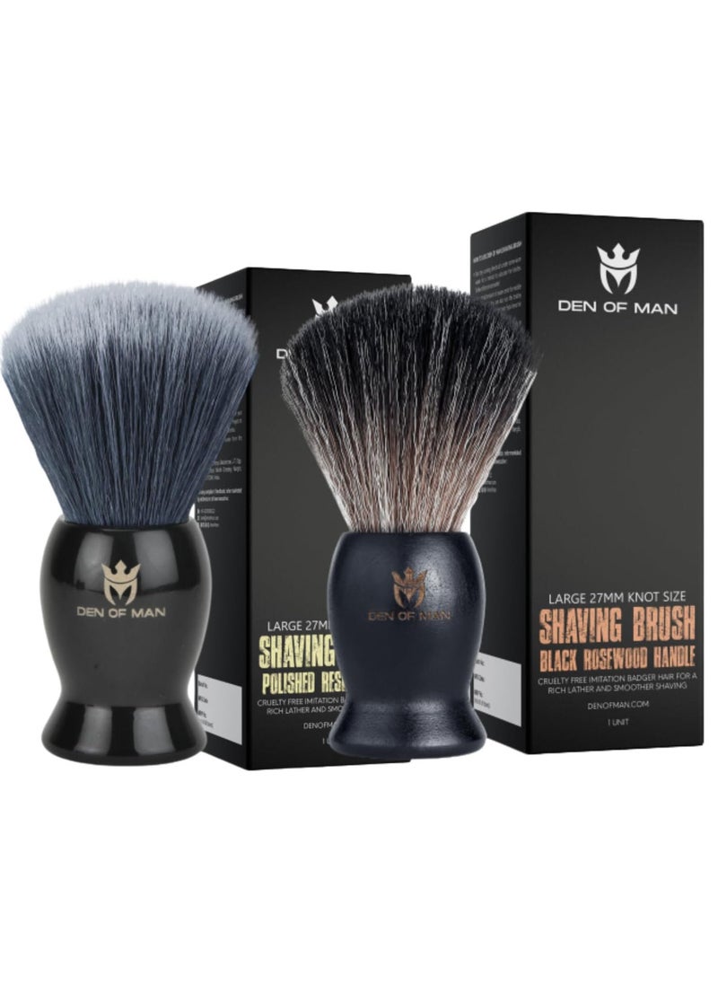 DEN OF MAN - Jumbo 27mm Knot Premium Cruelty Free Imitation Badger Hair Shaving Brush Soft & Ultra Absorbent Bristles For Smooth Shave Real Rosewood Handle & Black Resin Handle Pack of 2 - Image 1