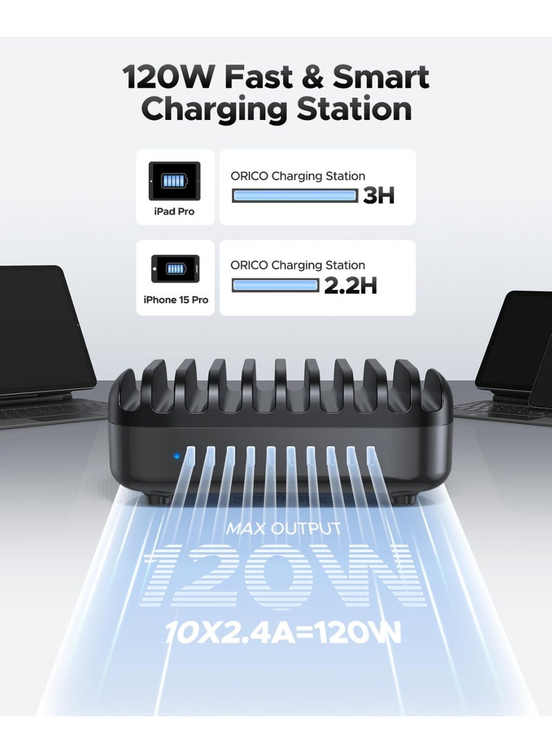 Orico ORICO 120W Charging Station for Multiple Devices, 10-Ports USB Charging Docking Organizer Station, Multi USB Charging Station Compatible with iPad, Tablet, Kindle, Airpods and Cell Phone - Image 2