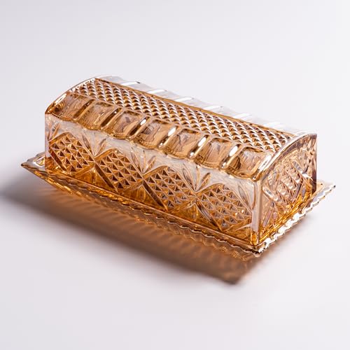 QIANCHANG Glass Butter Dish with Lid for Countertop, Champagne-Colored Crystal Butter Stick Holder Container - Image 1