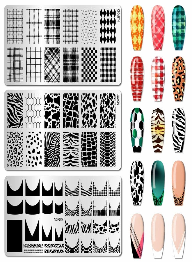Arbuya Nail Art Stamping Plates Set of 3 - Plaid, Animal Print & French Tip Designs - Stainless Steel Manicure Art Tool - Image 1