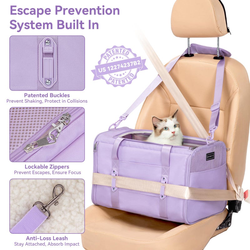 PETSFIT Soft-Sided Cat Carrier with Patented Safety Buckles, Lockable Zippers & Safety Tether,Escape-Resistant Travel Pet Carrier for Car Rides & Vet Visits, Airline Approved Under-Seat, Up to 12 lbs - Image 3