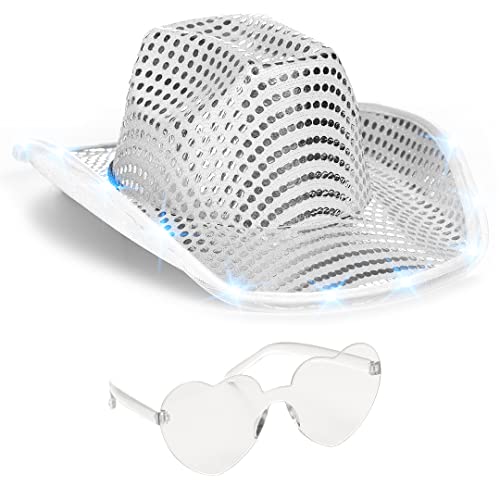 Funcredible White Light Up Cowboy Hat and Glasses  Sparkly Disco Cowgirl Hat  Sequin Cowboy Hats for Women  Cowgirl Costumes for Girls - Image 1