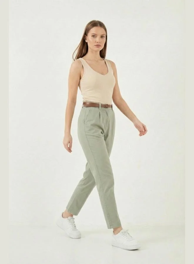 ليلا Lela Stretch Cotton Regular Fit High Waist Straight Leg Short Trousers with Belt for Women PANTS 668YP5335