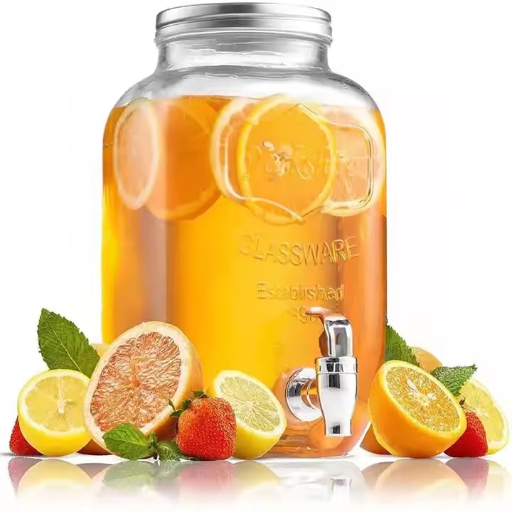 Glass Detox Mosambi Dispenser Jar - Square Shape with Chrome Tap - 5000ml (5L) | Premium Glass Beverage Dispenser with Lid for Juice, Lemonade, Detox Water, Mocktails - Party & Kitchen Use  - Image 1