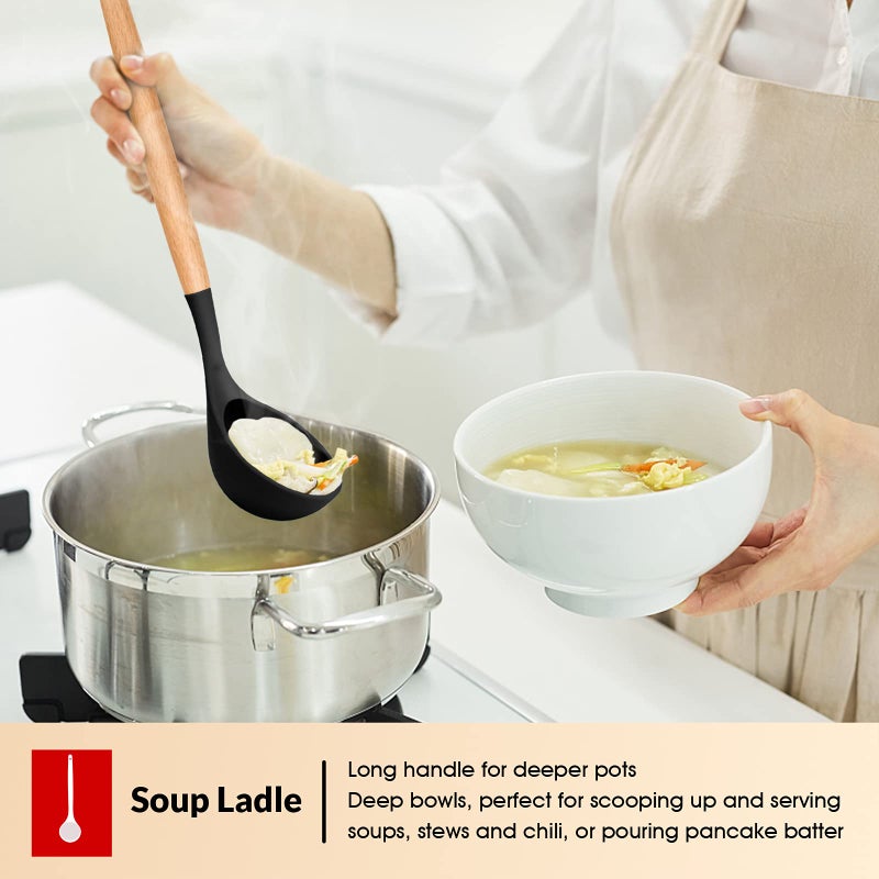 E-far مجموعة أدوات الطهي E-far مكونة من 6 قطع، أدوات مطبخ سيليكونية بمقبض خشبي، صديقة للأواني غير اللاصقة ومقاومة للحرارة، تشمل ملعقة مسطحة/ملعقة شوربة/ملعقة مشبكة/ملعقة تقديم/ملعقة سباغيتي (أسود) - Image 5